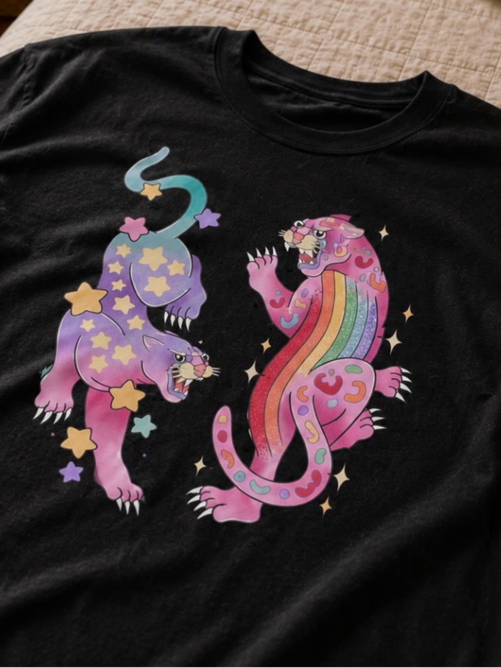 Gildan Black Tee with Pink & Purple Rainbow Panther Graphics - Picture 2 of 3